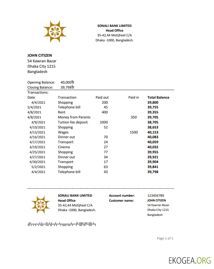 Relevé bancaire Bangladesh Sonali, modèle facile à remplir au format Excel et PDF